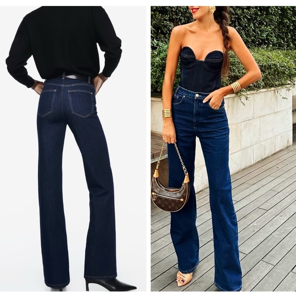 ZARA high rise flare leg stretchy blue jeans blogger favorite